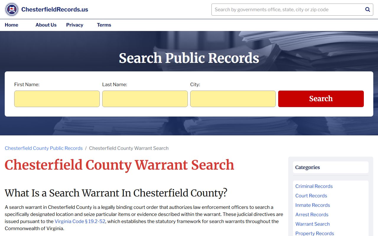 Chesterfield County Bench Warrants records search page