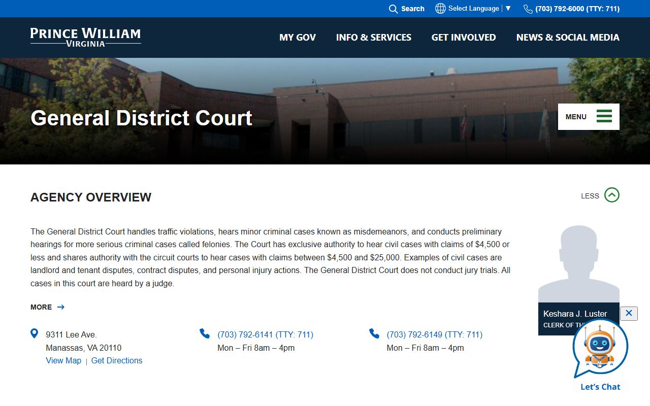 Prince William County Bench Warrants General District Court page