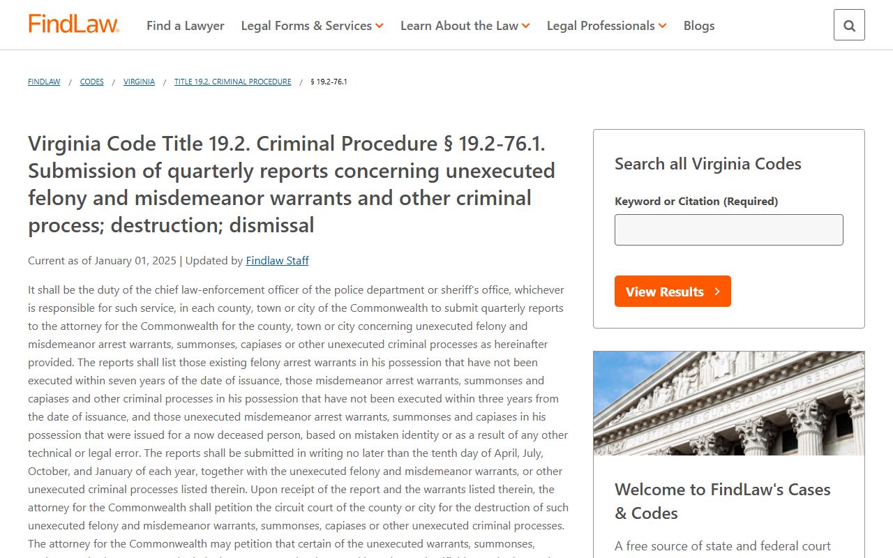 Virginia Bench Warrants destruction of unexecuted warrants